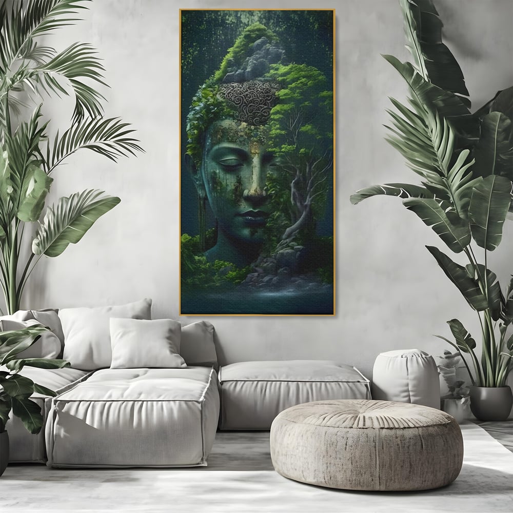 Tablou canvas cu tablou canvas cu cap de buddha imbracat in vegetatie, in rama de aluminiu auriu, pe perete intr-un living
